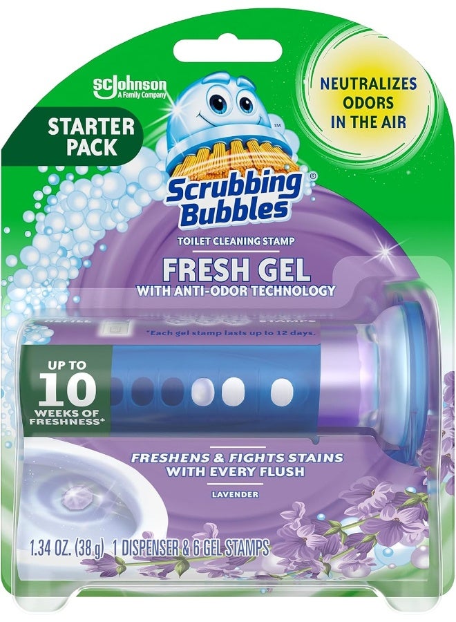 Scrubbing Bubbles Fresh Gel Toilet Bowl Cleaning Stamps Starter Pack, Lavender Scent, 1 Dispenser With 6 Stamps, 1.34 Oz - Image 1